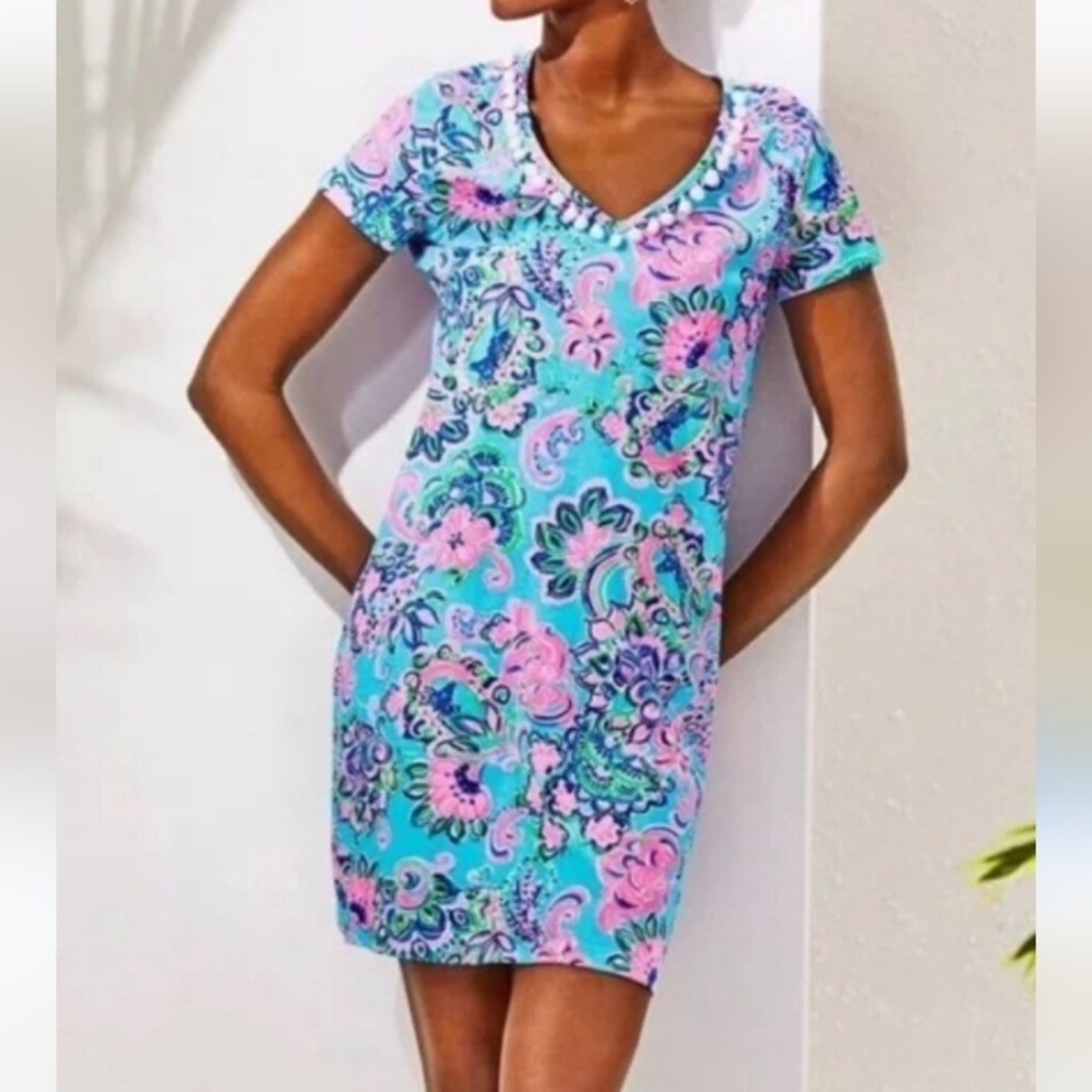 Lilly Pulitzer Etta Dress Blue Horizon Jungle Sunrise Stretch Cotton Women S